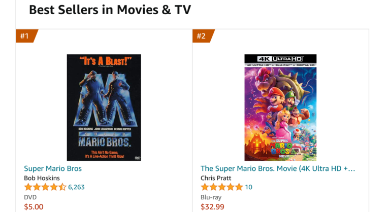 Super Mario Mania as Original 1993 Live Action Starring Bob Hoskins and John Leguizamo Movie Goes to Number 1 on Amazon in DVD and VHS!